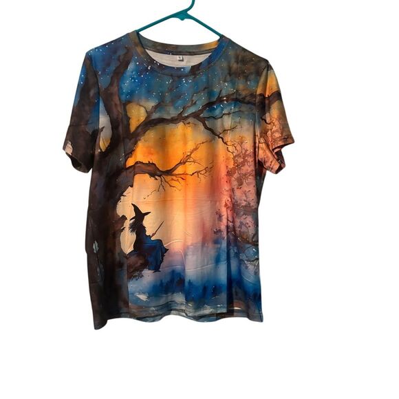 Tops - Magical Witch Silhouette T-Shirt Halloween Sunset Galaxy‎ Print Mystical Fantasy